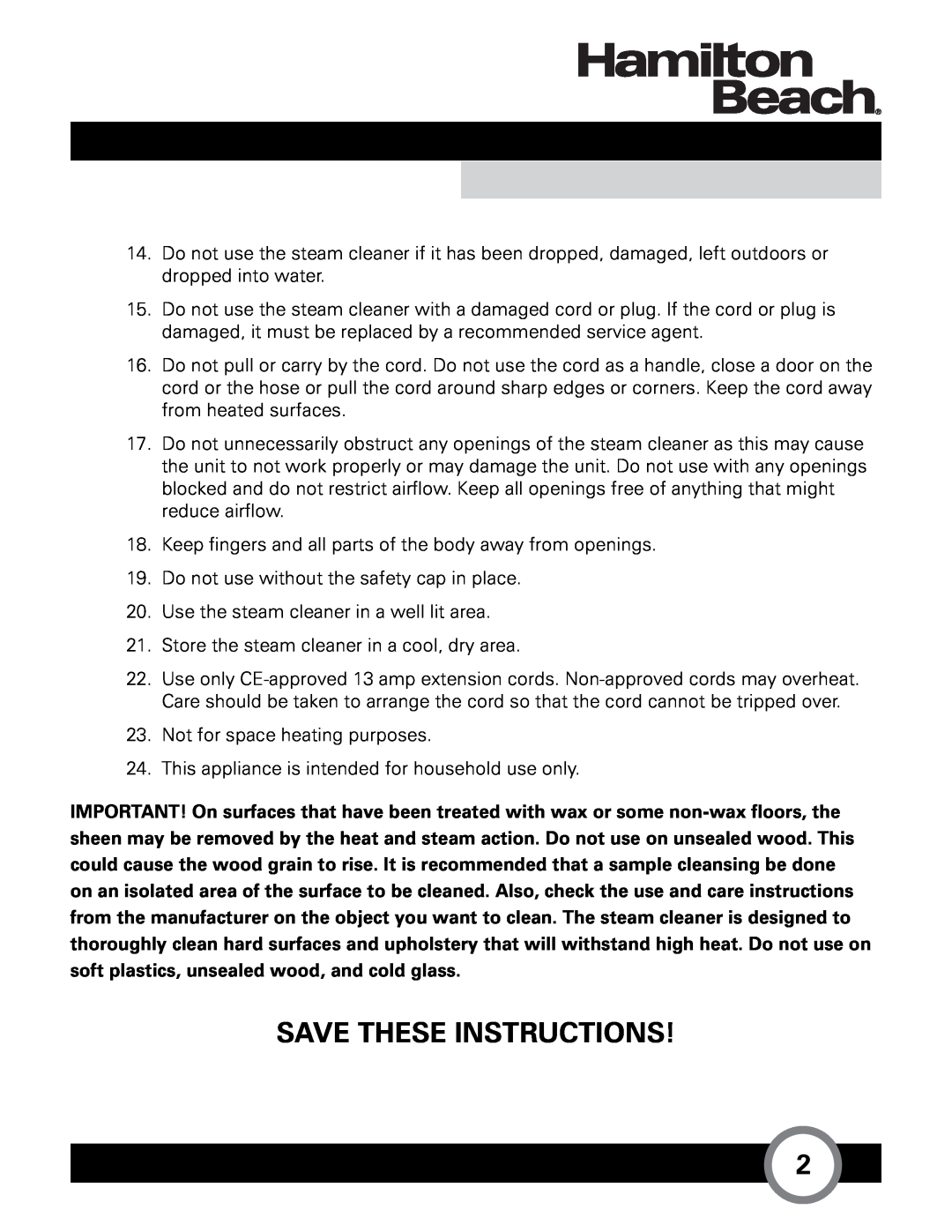 Hamilton Beach HB-165 owner manual Save These Instructions!  